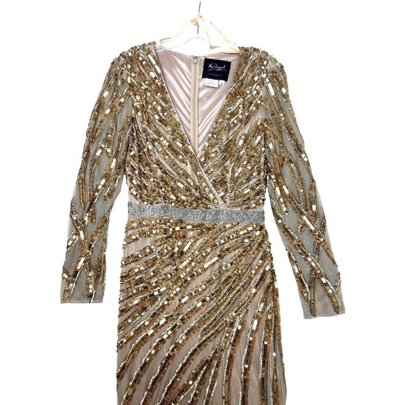 Mac Duggal Gold Copper Evening Gown V-Neck Sequins Long Sleeve Wedding Formal - Picture 4 of 15